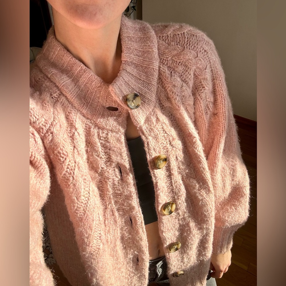 Madewell Cableknit Mockneck Cardigan, Blush, Size Small